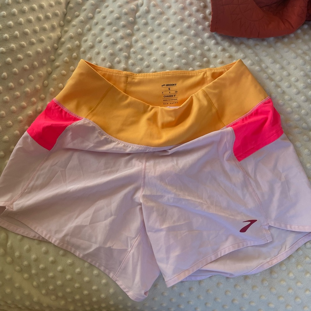 Brooks Women's Athletic Shorts in Pink, Orange, and White